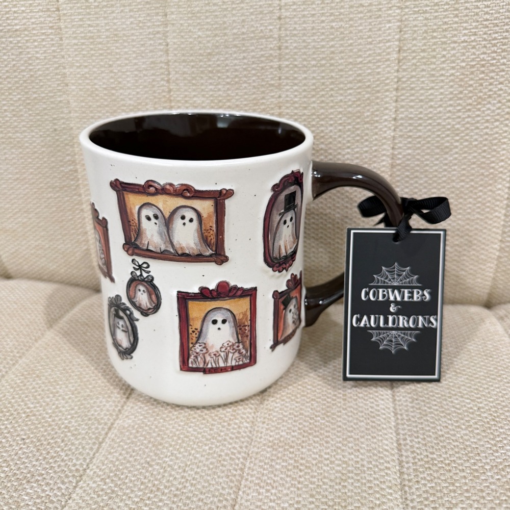NEW Cobwebs & Cauldrons Ghost Portrait Framed Halloween Mug Spooky Gothic Decor